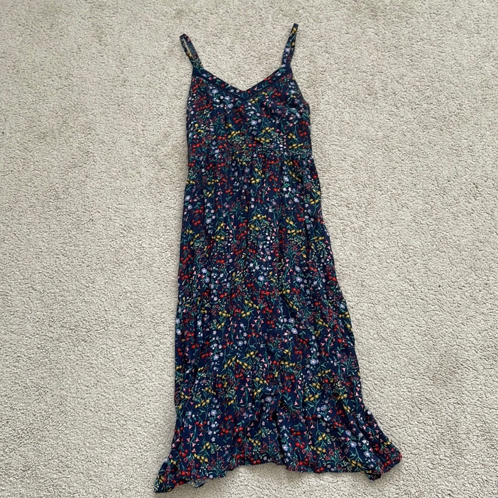Old Navy Navy Floral Midi Sundress with Red, Yellow & Green Accents